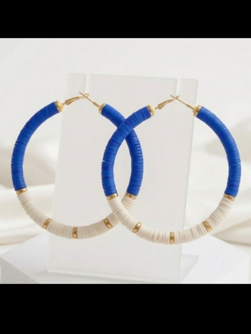 Bold Blue and Cream Hoop Earrings with Gold Accents - Picture 11 of 11